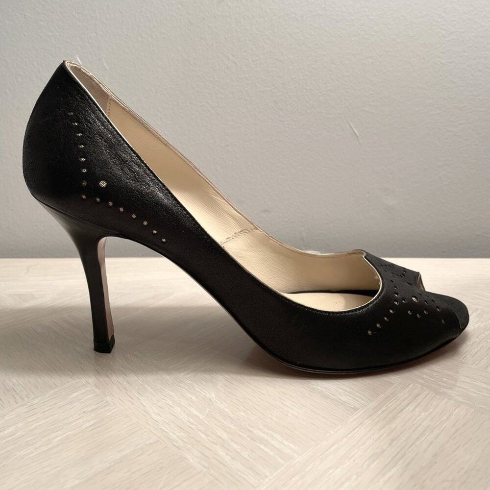 Luciano Padovan Peep Toe Heels Pumps Black w/ Gold Size 38.5 IT/ 8.5 US NIB $405